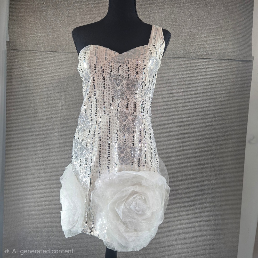Miss Minuet Women M Ivory Silver‎ Sequin Rosette Shoulder Cocktail Dress MD-4523